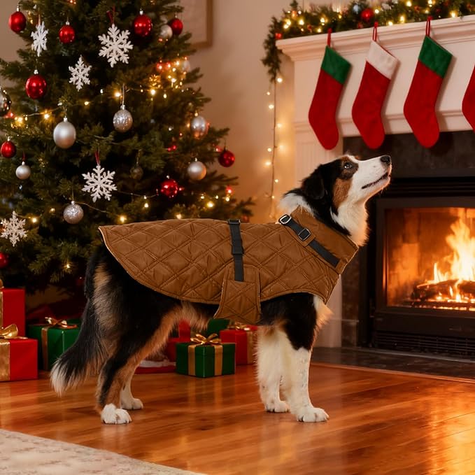 Kuoser Dog Coat Warm Fleece Lining Turtleneck Dog Jacket with Harness Built-in, Adjustable Windproof Cold Weather Coats with Quick Release Buckle Pet Winter Snowsuit for Small Dogs, Khaki S