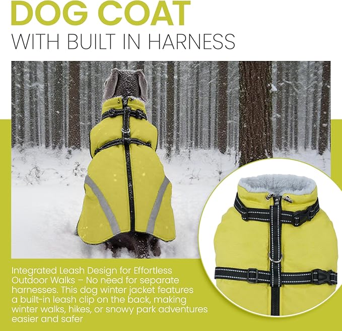 QBLEEV Large Dog Coat, Dog Winter Jacket for Large Dogs, XX-Large Waterproof Cold Weather Vest with Built-in Harness, Zipper & Reflective, Windproof Thick Warm Fleece Snowsuit Clothes, Green, XXL