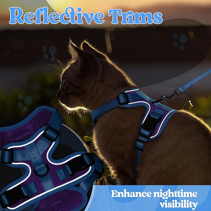 rabbitgoo Cat Harness and Leash Set, Escape Proof Soft Adjustable Vest Harnesses for Outdoor Walking, Easy Control Breathable Kitten Jacket with Reflective Strips, Purple & Blue, M