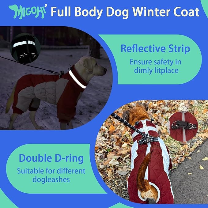 MIGOHI Full Body Dog Coat - Warm Reflective Small Dog Winter Coat with Harness, Turtleneck Fleece Jacket for Dogs,Four-Leg Windproof Puffer Jackets Snowsuit with Zipper for Small Medium Large Dogs,XS