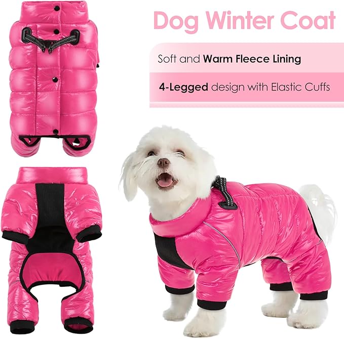 AOFITEE Dog Coat, Waterproof Dog Winter Jacket, Warm Fullbody Small Dogs Snowsuit, Winter Coat for Small Dogs, Zip Up Pet Puffer Jacket Fleece Vest, Outdoor Reflective Pet Snow Jackets, Rose Red XL