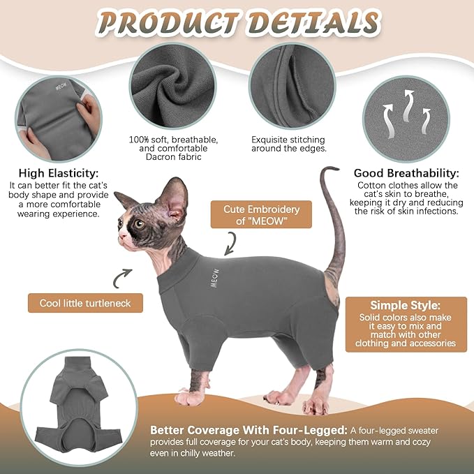 ROZKITCH Cat Pajamas for Cats Only, Breathable Soft Jumpers for Sphynx Only, Coat with Four Legs, Warm Sweater T-Shirt Pajamas Jumpsuit Vest Cornish Rex, Devon Rex, Peterbald Grey M