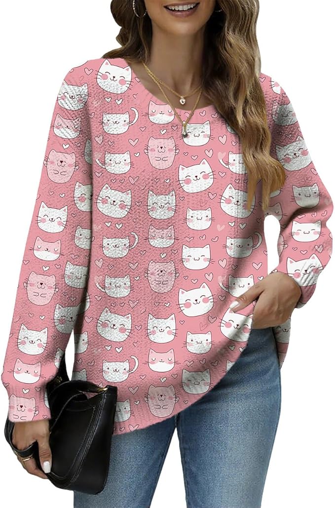 Women's Cat Printed Sweater Oversized Cable Knit Long Sleeve Christmas Clothes Casual Autumn Winter Fashion Tops