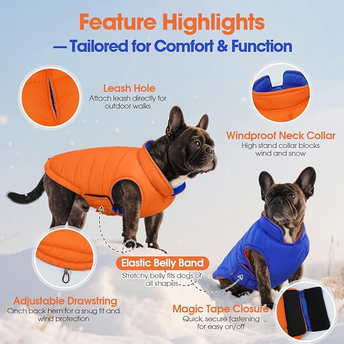 QBLEEV Reversible Dog Jacket for Small Dogs, Waterproof Windproof Warm Winter Coat with Adjustable Fit & Leash Hole, Lightweight Reversible Puffer Vest, Orange, S – Fits Yorkie, Shih Tzu
