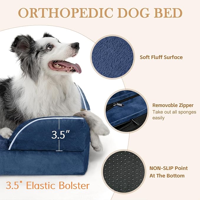 Comfort Expression Orthopedic Dog Bed for Small Dogs 20x14 Inch, Waterproof Supportive Egg Crate Foam Small Pet Bed with Removable Bolsters, Dog Couch with Washable Cover & Non-Slip Bottom, Navy Blue