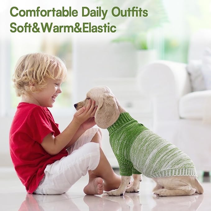 Queenmore Knitted Pullover Dog Sweater,Turtleneck Pet Cat Sweater, Cold Weather Puppy Clothes Stitching Knitwear with Leash Hole for Small Medium Dogs(Green,M)