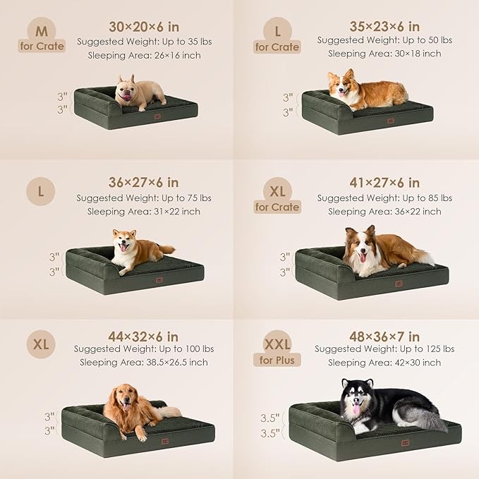 EHEYCIGA Memory Foam Dog Bed Large Sized Dogs, Pet Bed for Large Dog for Crate with Waterproof Liner, Pet Couch Bed Orthopedic with Washable Removable Cover, 35x23x6 Inches, Dark Green