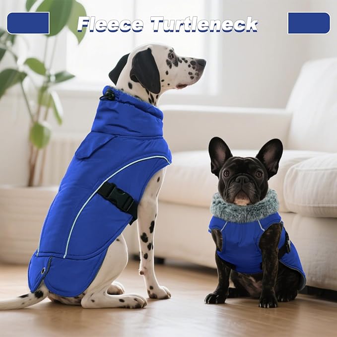 DENTRUN Extra Large Warm Dog Jacket - Windproof Water Repellent Reflective Coat, Adjustable Plush Turtleneck, Easy Wear Fleece Lined Cold Weather Vest for Great Dane, Blue, XXXL