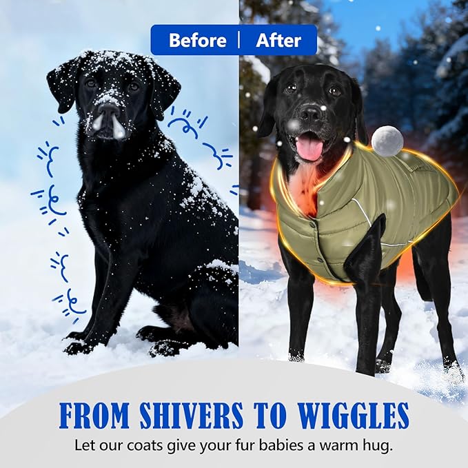 Dog Winter Jacket Waterproof, Reflective Fleece Lined Dog Coats for Small Medium Large Dogs, Warm Snow Coat for Dogs, Insulated Cold Weather Dogs Puffer Jackets with Leash Hole, Olive, 3XL