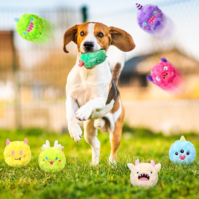 HyDren 8 Pack Soft Squeaky Dog Ball Toys 2 In1 Fuzzy 4" Dog Balls with Squeakers Plush Funny Puppy Ball Bulk Small Dog Valentine Toys Monster Dog Chewers for Small Medium Puppy Dog Pet (Cute)