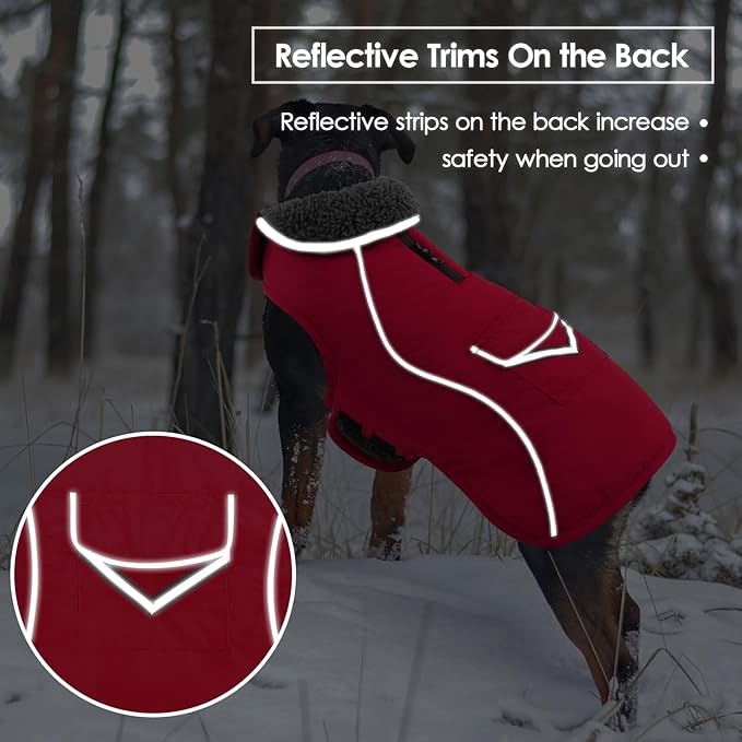 SUNFURA Dog Coat, Warm Dog Coat XXL Puffer Jacket with Harness Hole, Reflective Pet Snow Jacket Turtleneck Fleece Vest for Weimaraner, Labrador, Golden Retriever, Red 2XL