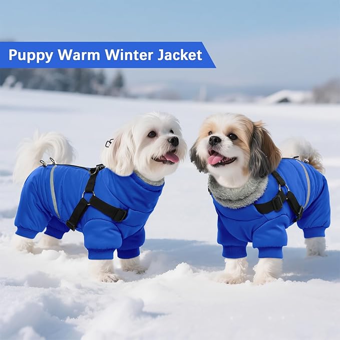 BRKURLEG Blue Dog Winter Coat, Cozy Winter Dog Jackets, Small Dogs Coat with Harness, Onesie Body Warm Puppy Christmas Jacket, Pet Reflective Cold Weather Jackets, Puppy Four-Legged Puffer Coats, M