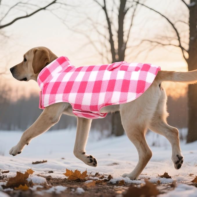 ASENKU Dog Winter Coat, Fleece Doggie Jacket Plaid Reversible Vest Waterproof Windproof Cold Weather Clothes for Small Medium Large Dogs (Pink, XL)