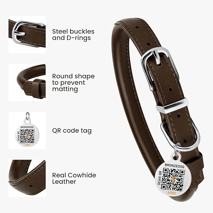 BRONZEDOG Rolled Leather Dog Collar for Small Medium Large Dogs with QR ID Tag (S: 12-14 Inch, Coffee Brown)