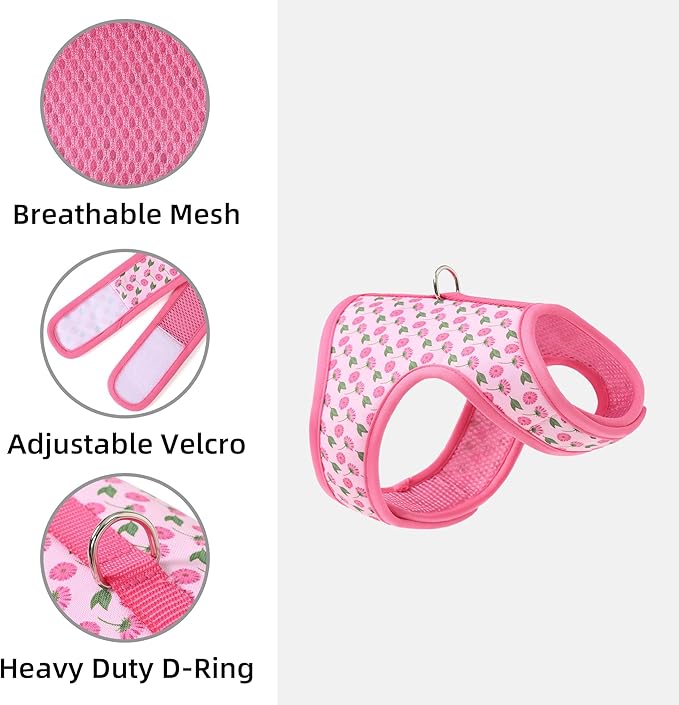 Mile High Life Dog Harness, Air Mesh Floral Vest Harness for 20 lbs Small Dogs & Cats, Easy Get on Adjustable Easy Closures Both Neck and Chest (Pink Flower, XS Chest 14"-16")
