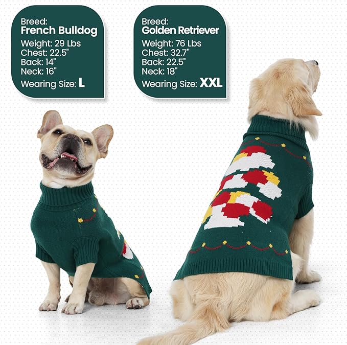 BRKURLEG Dog Sweaters, Christmas Dog Sweaters for Medium Dogs, Turtleneck Warm Pet Sweater for Cold Weather, Xmas, New Year, Pet Winter Knitted Sweatshirt Outfit for French Bulldog,Pug (Green, M)