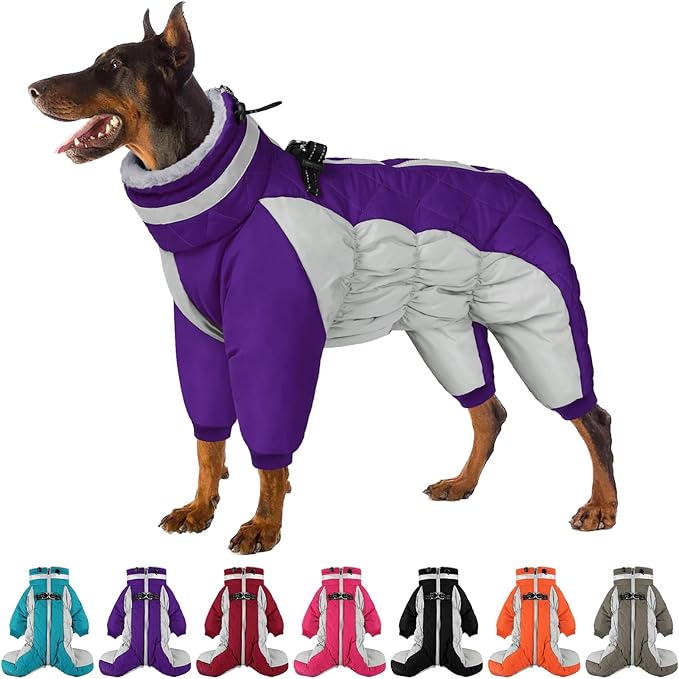 SUNFURA Full Body Dog Coat - Warm Fleece Jacket for Extra Large Dogs, Turtleneck Winter Coats with Harness, Reflective Dog Snowsuit Windproof Puffer Jackets with Legs for Great Dane, Purple 3XL
