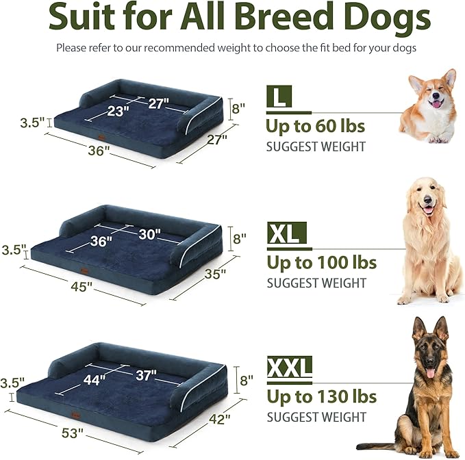 Orthopedic Dog Beds for Large Sized Dogs, Waterproof Egg Crate Foam Large Dog Couch Beds with Comfy Bolster 36x27Inch, Washable Pet Beds with Removable Cover and Nonskid Bottom, Navy Blue