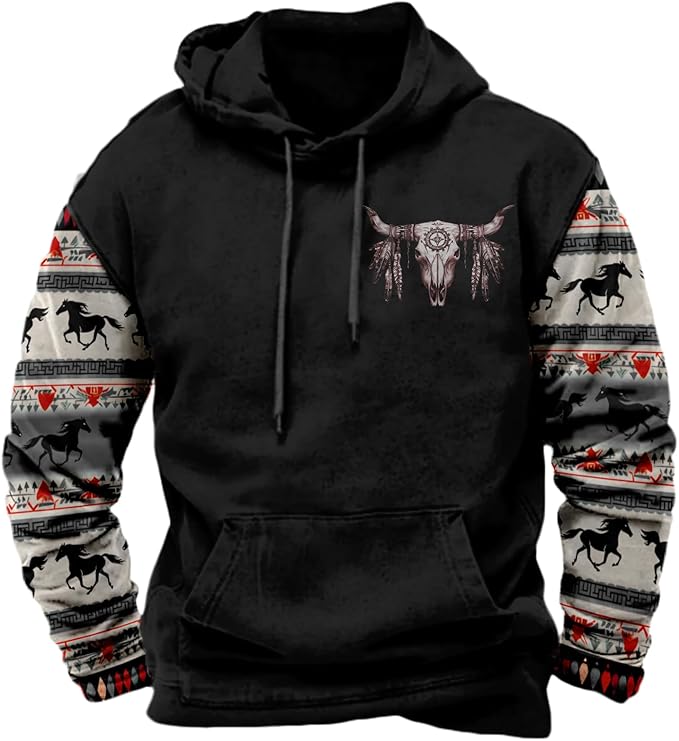 HOTYD Mens Western Aztec Sweatshirts Long Sleeve Fall Fashion Drawstring Pullover Vintage Graphic Cowboy Hoodie for Men