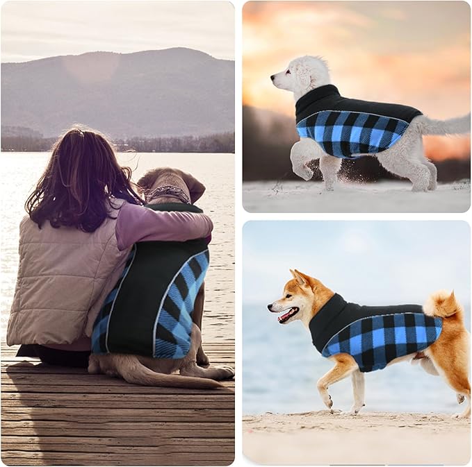 Kuoser Dog Winter Coat, Reversible Waterproof Dog Jacket with Reflective Strip, Warm Dogs Fleece Vest Adjustable Doggy Cold Weather Clothes Plaid Christmas Outfit Pet Apparel for Small Dogs, Blue XS