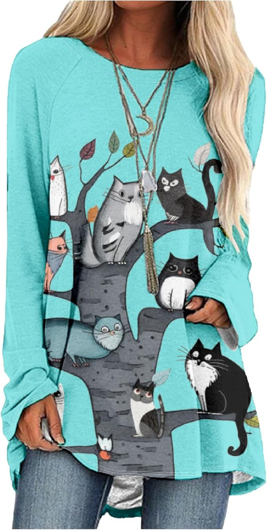 Womens Tunic Shirt Cute Cat Print Long Sleeve Round Neck Women T Shirts Cotton Casual Plus Size Vacation Tunics Tops