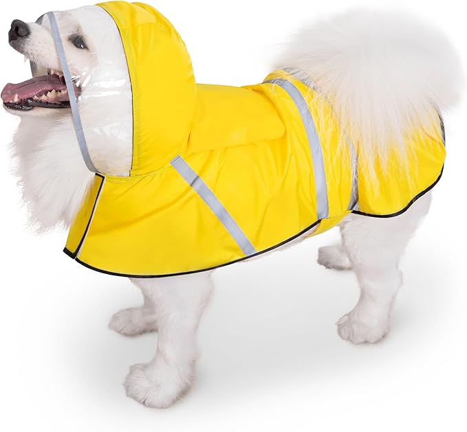 Dog Raincoat, Adjustable Rain Jacket with Hooded Double Layer for Large Medium Small Dogs Puppies, Lightweight Waterproof Rain Coat Poncho with Reflective Stripe Yellow,XXL