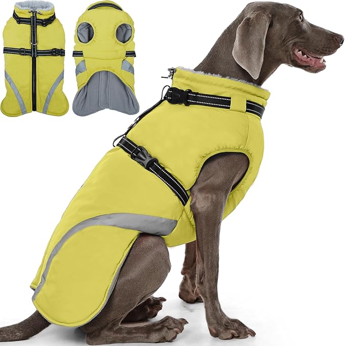 QBLEEV Large Dog Coat, Big Dog Winter Jacket for Large Dogs, XXX-Large Waterproof Cold Weather Snow Vest with Zip & Reflective, Windproof Built-in Harness Warm Fleece Snowsuit Clothes, Green, XXXL
