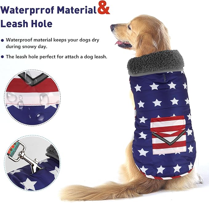 Dog Coat, Waterproof Dog Winter Jacket with Pocket, Reflective Adjustable Pet Snow Vest, Warm Cozy Fleece Sweater for Small Medium Extra Large Dogs - American Flag, S