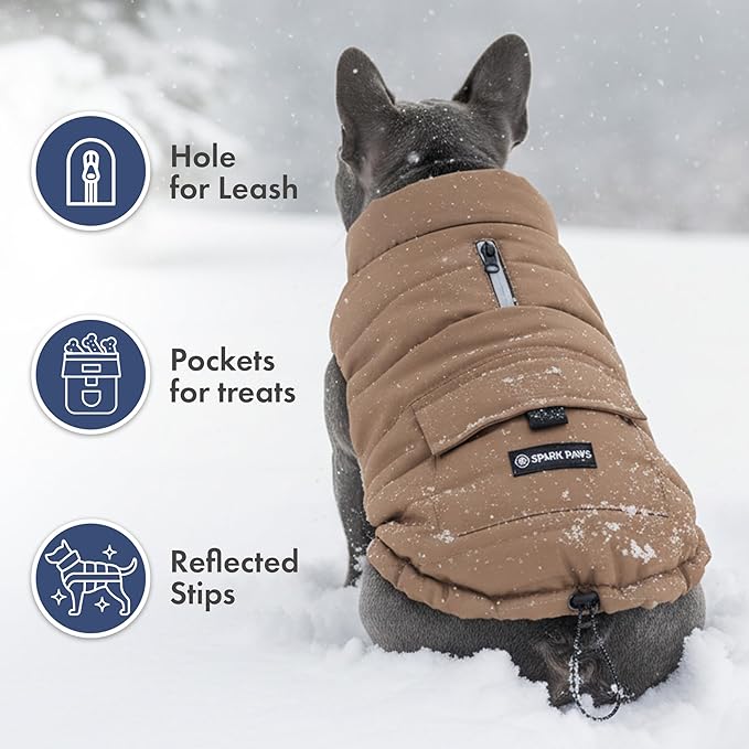 Spark Paws Dog Winter Jacket, Water-Resistant Coat, Warm Reflective Windproof Fleece-Interior, for Medium and Large Dogs - Tan - XL