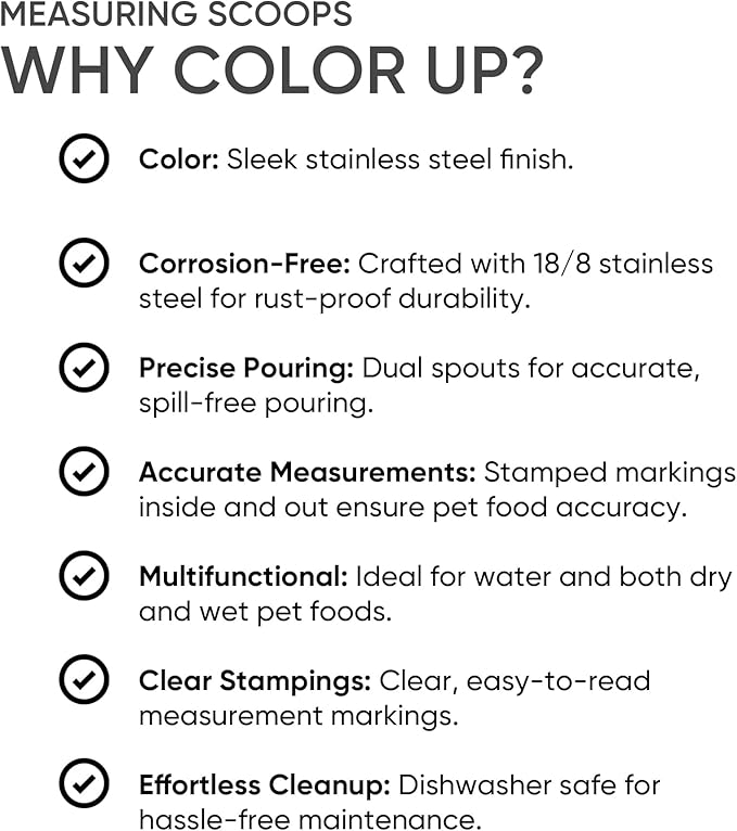 Color Up 2 Scoop (2 Cup / 480 ml) Stainless Steel Pet Food Measuring Scoop for Dogs, Cats, Rabbits & Birds – Dual Pour Spouts, Ergonomic Handle, Dishwasher Safe