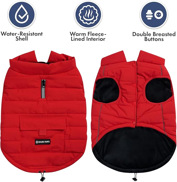 Spark Paws Dog Winter Jacket, Water-Resistant Coat, Warm Reflective Windproof Fleece-Interior, for Medium and Large Dogs - Red - XL