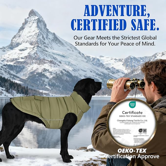 Dog Winter Jacket Waterproof, Reflective Fleece Lined Dog Coats for Small Medium Large Dogs, Warm Snow Coat for Dogs, Insulated Cold Weather Dogs Puffer Jackets with Leash Hole, Olive, 3XL