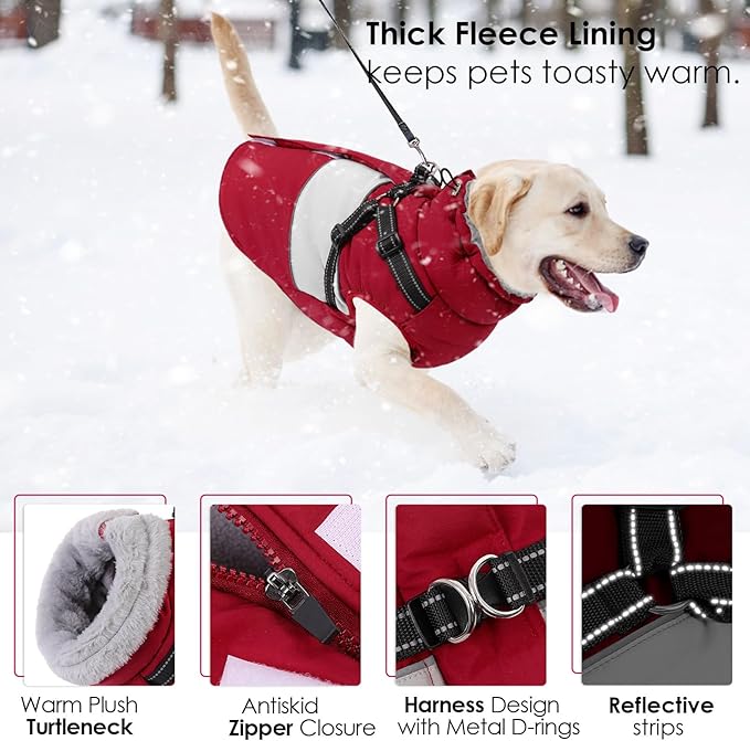 AOFITEE Dog Coat Warm Dog Winter Coat, Waterproof Dogs Jacket with Harness, Dogs Snow Jacket Snowsuit with Zipper & Furry Collar, Reflective Windproof Pet Sweater for Cold Weather, French Bulldog, L