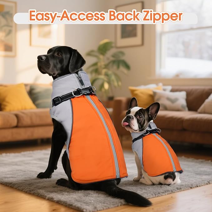 DENTRUN Dog Coat with Harness Built in, Easy On/Off Zipper Closure Winter Dog Vest, Fleece Lined Warm Jacket with Reflective for Labrador, Orange, L