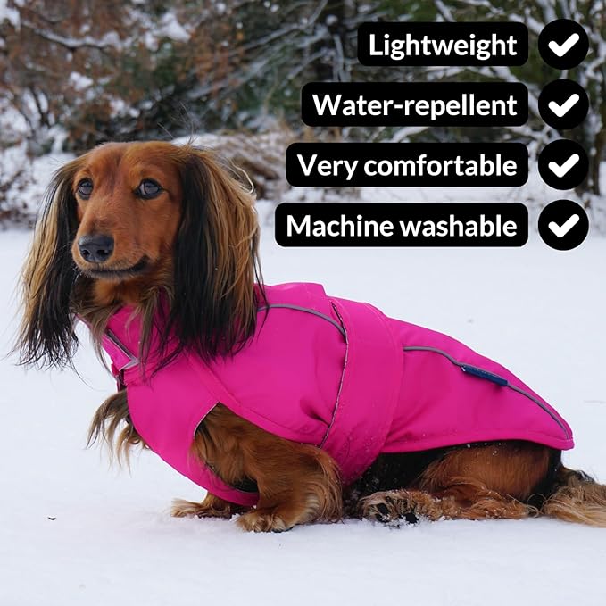 DJANGO Dog Jacket & Raincoat – Lightweight Water-Resistant Coat for Small, Medium & Long Dogs Like Dachshunds – Reflective, Adjustable Fit, Harness-Compatible & Easy-Access Harness Hole - Pink, Small