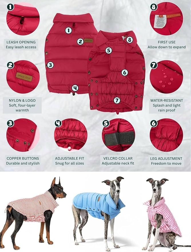 SPACE LION Dog Puffer Jacket, Down Winter Coat, Durable Outdoor Coat for Cold and Windy Conditions, Waterproof, Lightweight Jacket, Adjustable Fit for Small, Medium, Large Dogs(Red,12/M)