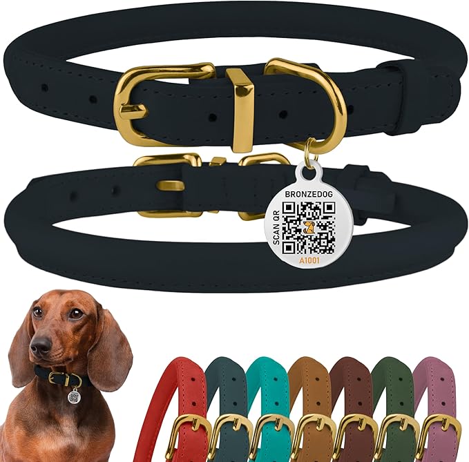 BronzeDog Rolled Leather Dog Collar with QR ID Tag, Adjustable Soft Round Collars for Small Medium Large Dogs Puppy (9" - 11" Neck Size, Dark Blue)