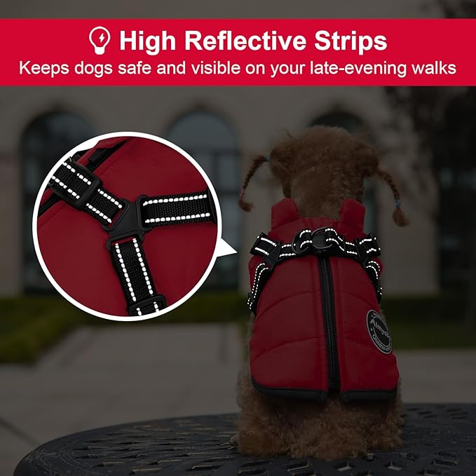 Warm Dog Winter Coat, Fashion Cold Weather Jacket with Built-in Harness, Reflective & Adjustable Comfortable Pet Vest, Waterproof Windproof Apparel for Small Medium Large Dogs(Red