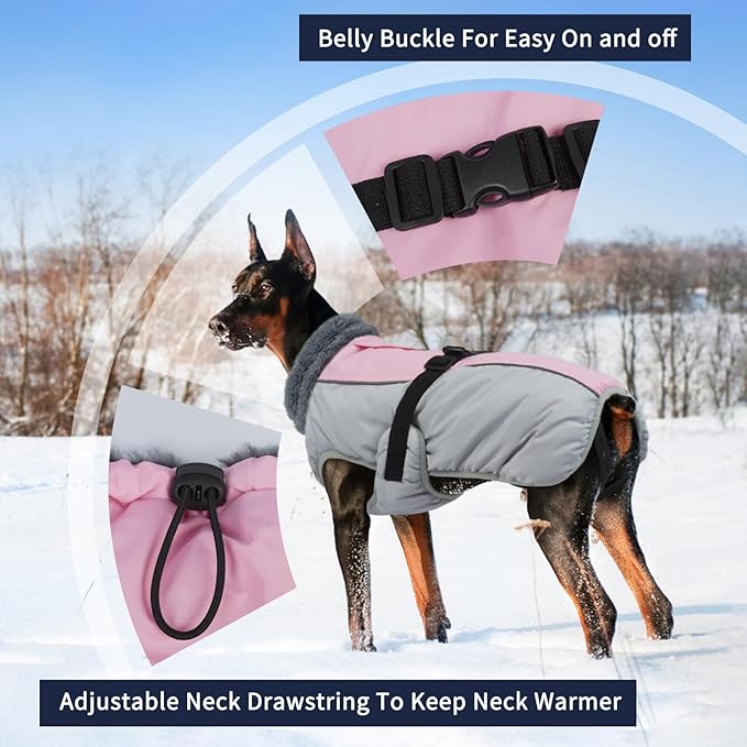 IECOii Dog Coat for Large Dogs, Reflective & Adjustable Turtleneck Jacket with Buckle, Thermal Fleece Lined Dog Snowsuit for Cold Weather - Soft Dogs Winter Coat Windproof Warm Vest, Pink, L