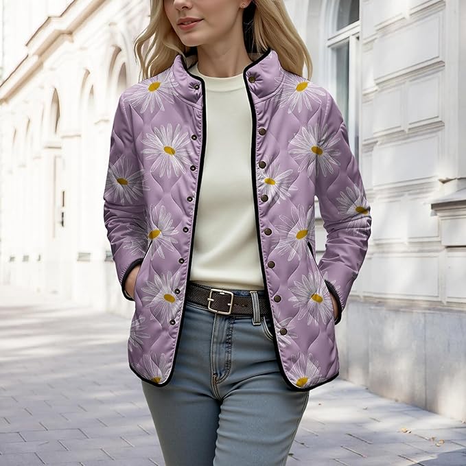 LIZALIG Women's Cropped Puffer Jacket Lightweight Floral Print Long Sleeve Padded Quilted Puffy Cardigan Coat
