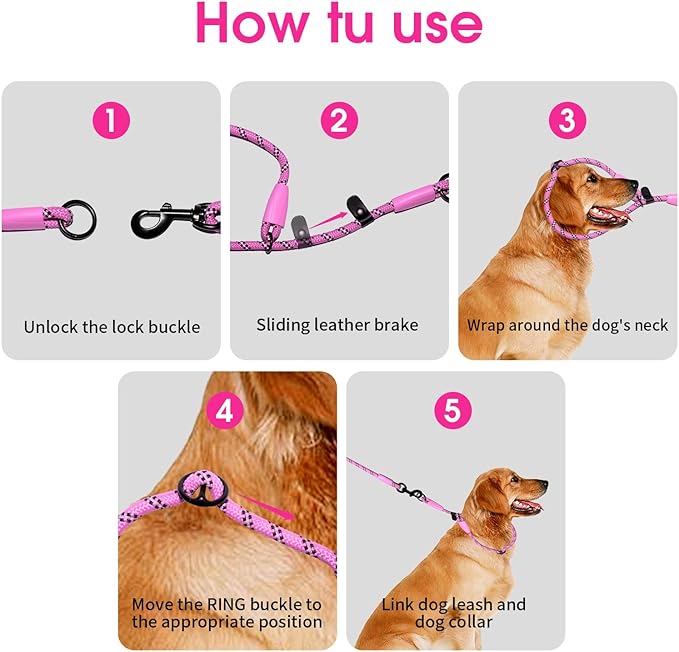 Detachable 2/5" Slip Lead, 4FT 6FT 8FT with Comfortable Silicone Handle Strong Rope for Large Medium Small Dogs No Pull Highly Reflective Pet Training (Pink-Black, 6FT)