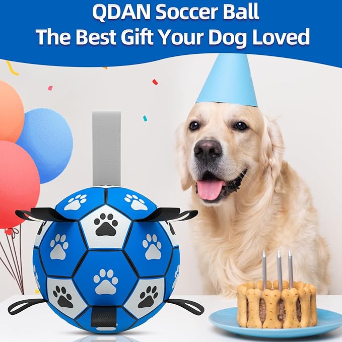 QDAN Dog Balls Toys, Soccer Ball with Straps, Balls for Dogs for Small Medium Puppy, Herding Ball Toy, Birthday Gifts (6 Inch)