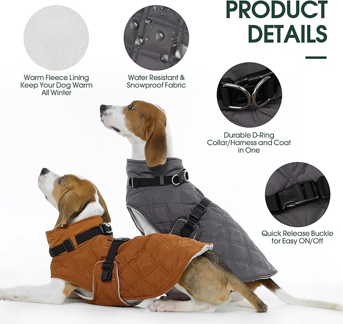 Kuoser Dog Coat Warm Fleece Lining Turtleneck Dog Jacket with Harness Built-in, Adjustable Windproof Cold Weather Coats with Quick Release Buckle Pet Winter Snowsuit for Extra Small Dogs, Grey XS