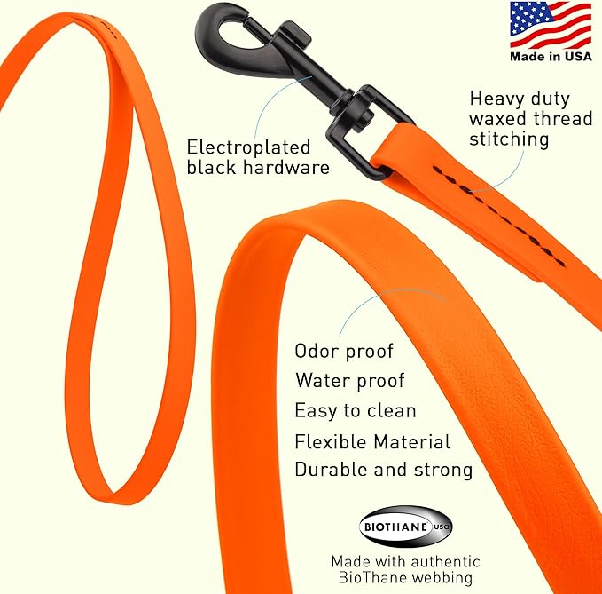 Dogline Biothane Waterproof Dog Leash Strong Coated Nylon Webbing with Black Hardware Odor-Proof Easy to Clean High Performance for Small or Large Dogs Made in USA 4 or 6 ft Lead, Hunter Orange