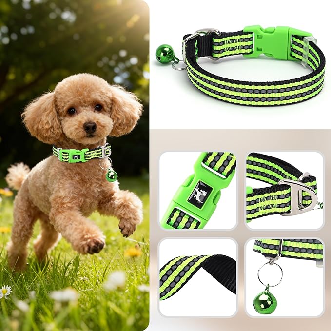XXS-XS Dog Collar with Bell Reflective - Adjustable Tiny Small Breed Collar for Girl Boy Chihuahua Puppies, Night Walk Safety Accessory（Green XS）