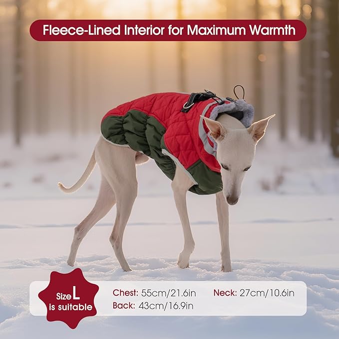 FUAMEY Dog Coat for Large Dogs,Waterproof Dog Winter Jacket with Harness Built in Puppy Cold Weather Coats Reflective Pet Vest with Zipper Warm Fleece Dogs Snowsuit Windproof Christmas L