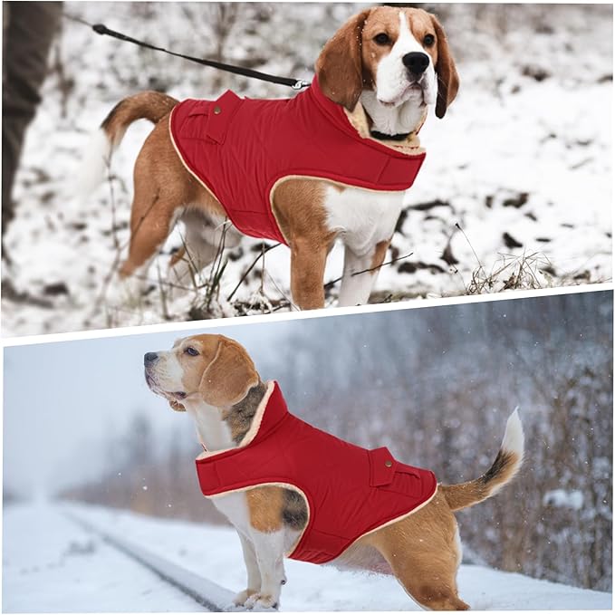 ASENKU Warm Dog Winter Coat, Waterproof Dog Coat for Cold Weather, Fleece Dogs Jacket with Ultra Thick Plush Lining Leash Hole Storage Pockets for Small Dogs (Red, X-Small)