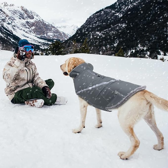VIVAGLORY Snowrap Dog Coat, Jacket with Harness Hole & Velcro Closure, Dog Coat for Winter & Cold Weather, Fluffy Warm Fleece Lined Reflective Water Resistant for Puppy, XS, Grey