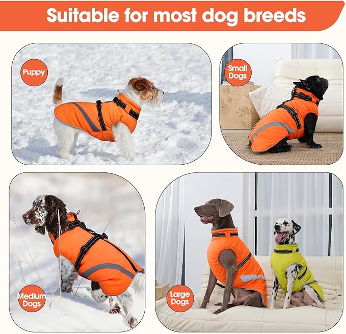BRKURLEG Dog Winter Jackets for Small Dogs, Dog Coat with Harness Built in, Dogs Snowsuits with Zipper, Waterproof Windproof Pet Puffer Jacket Fleece Vest for Chihuahua, Yorkie, Orange XS