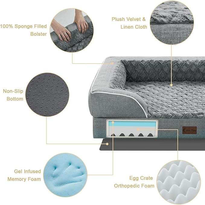 Orthopedic Dog Beds for Large Sized Dogs, Waterproof Memory Foam Large Pet Bed with Sides 36x27Inch, Non-Slip and Egg-Crate Foam Big Dog Couch Bed with Removable Washable Cover, Grey